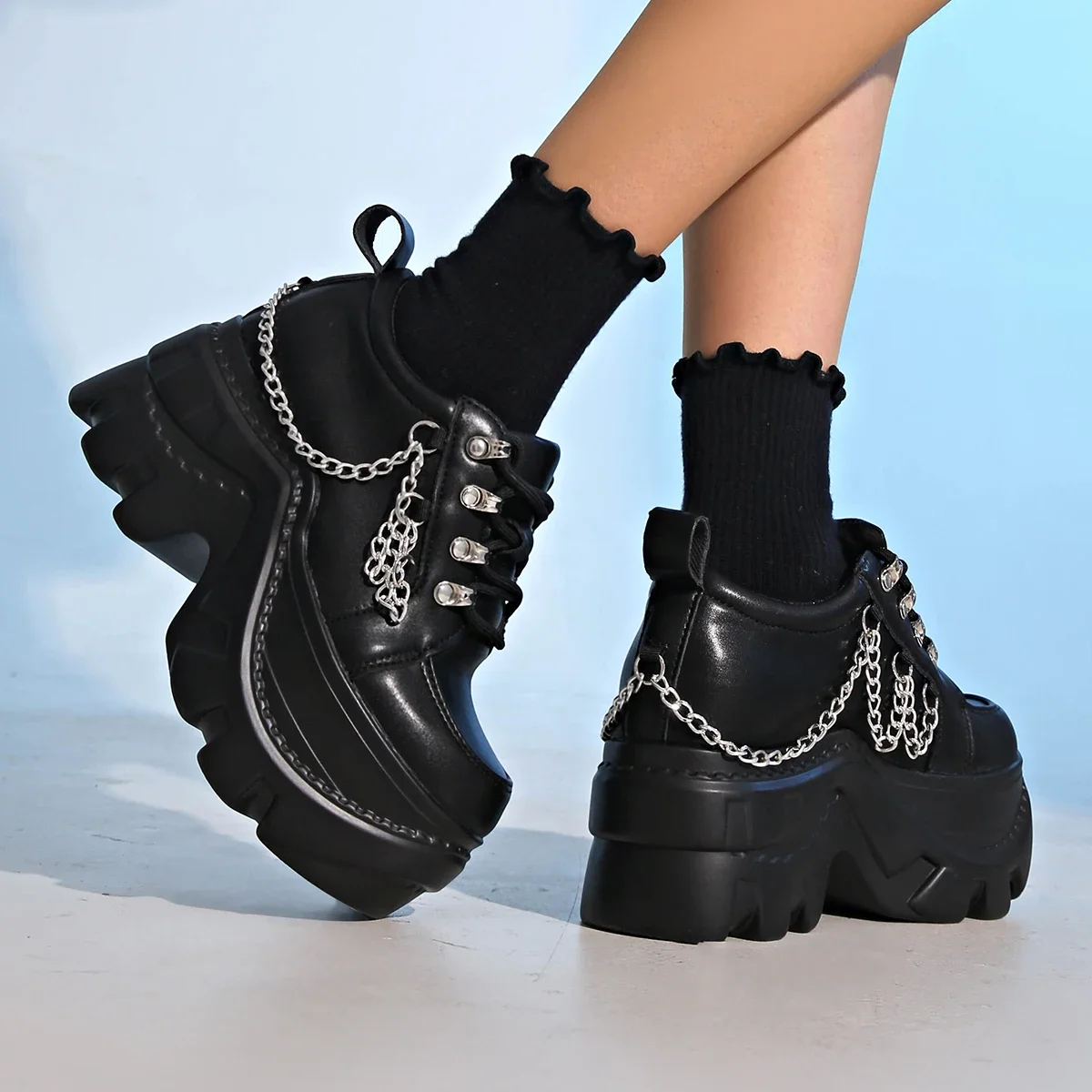 Gothic Punk Chunky Sneakers für Damen Schwarze Kettendekor-Plateauschuhe Damen Dicksohlige Rutschfeste Punk-Sneakers Übergrößen – Detail 3