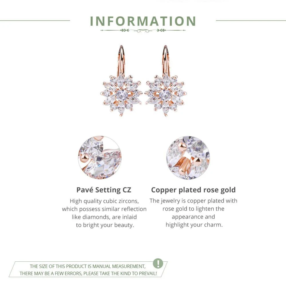 BAMOER 3 Colors Luxury Gold Color Flower Stud Earrings with Zircon Stone Women Birthday Gift Bijouterie JIE014