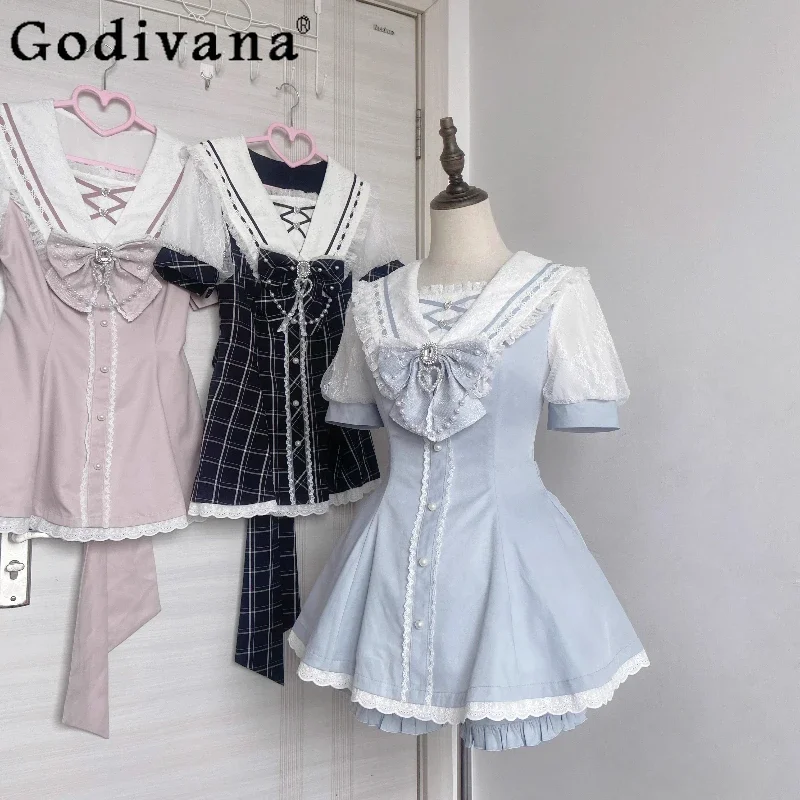 IMU Original Japanese Mine Mass-produced Short-sleeved Dress Shorts 2-piece Set 2025 Girls Sweet Cute Bow Pearl Chain Lo Dresses