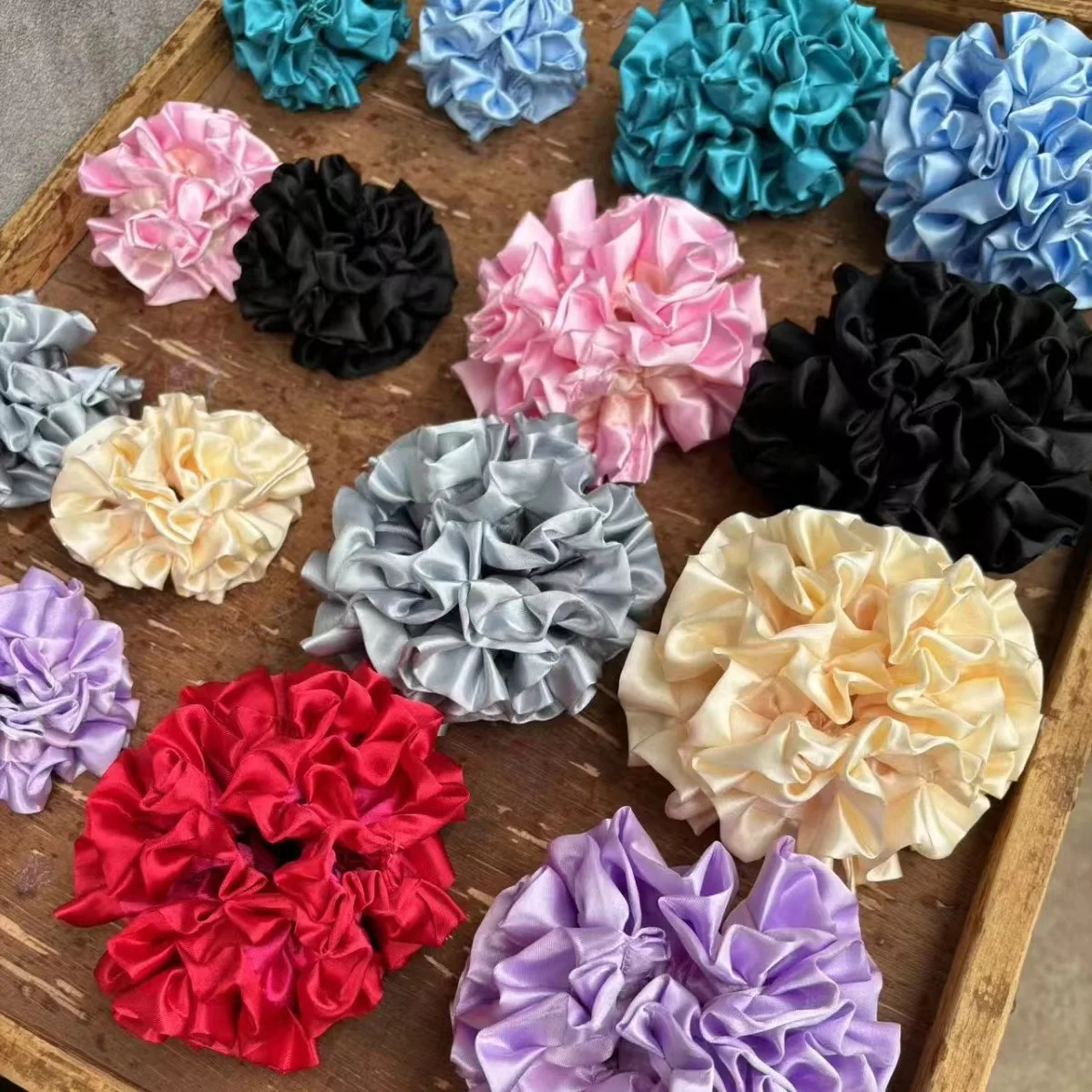 Korean Women Colorful Elastic Hair Bands Ties Hair Scrunchies Big Flower Satin Hair Rope Charms Horsetail Hair Accessories