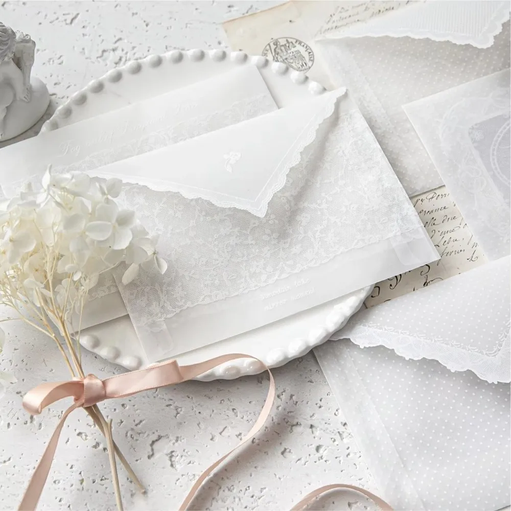 4pcs Per Set Lace Paper Envelope Hollow Transparent Lace Wedding Invitation Envelopes Paper Material Postcard Storage Bag