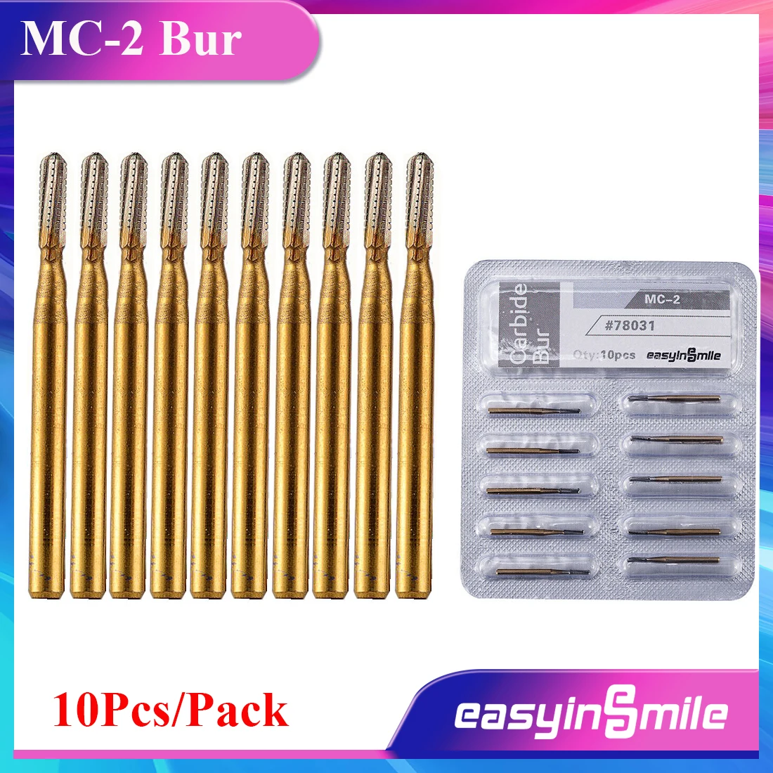 EASYINSMILE 10Pcs Dental Tungsten Carbide Bur Friction Grip Drills MC-2 For Endo Lab 1.2*19*4mm