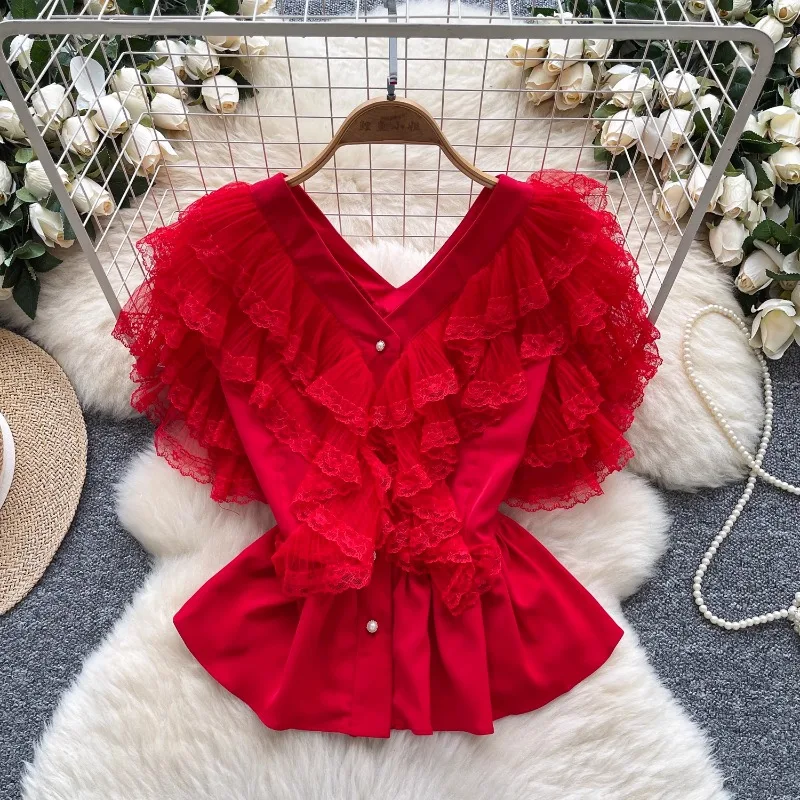 

OCEANLOVE Lace Ruffles Short Blouses V Neck Solid Spring Summer Women Shirts Vintage Sexy Korean Fashion Blusas Feminina