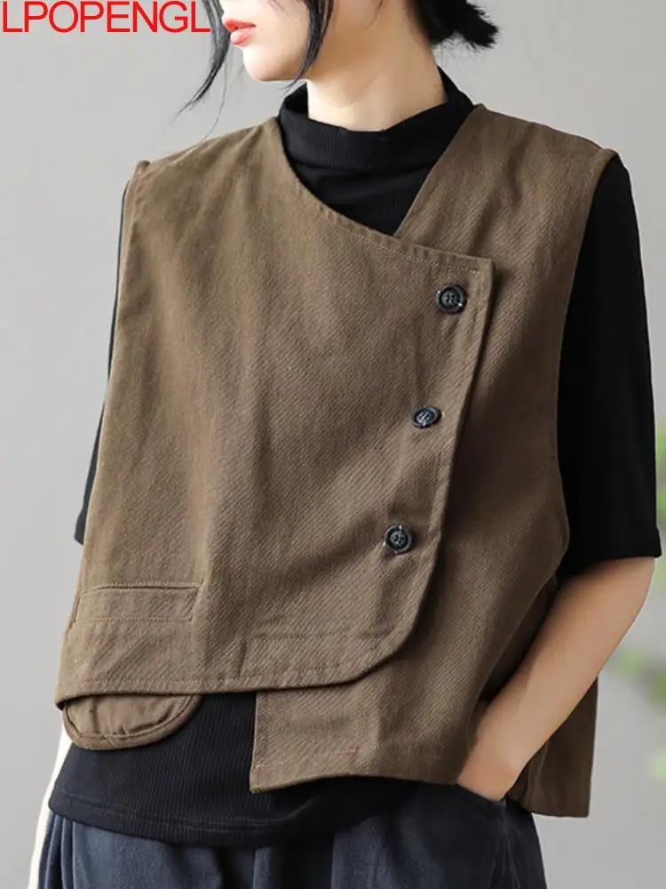 Women Loose Vest Cotton V-neck Sleeve Button Solid Color Casual Coat 2022 Autumn New Korean Style Simple Single Breasted Vest