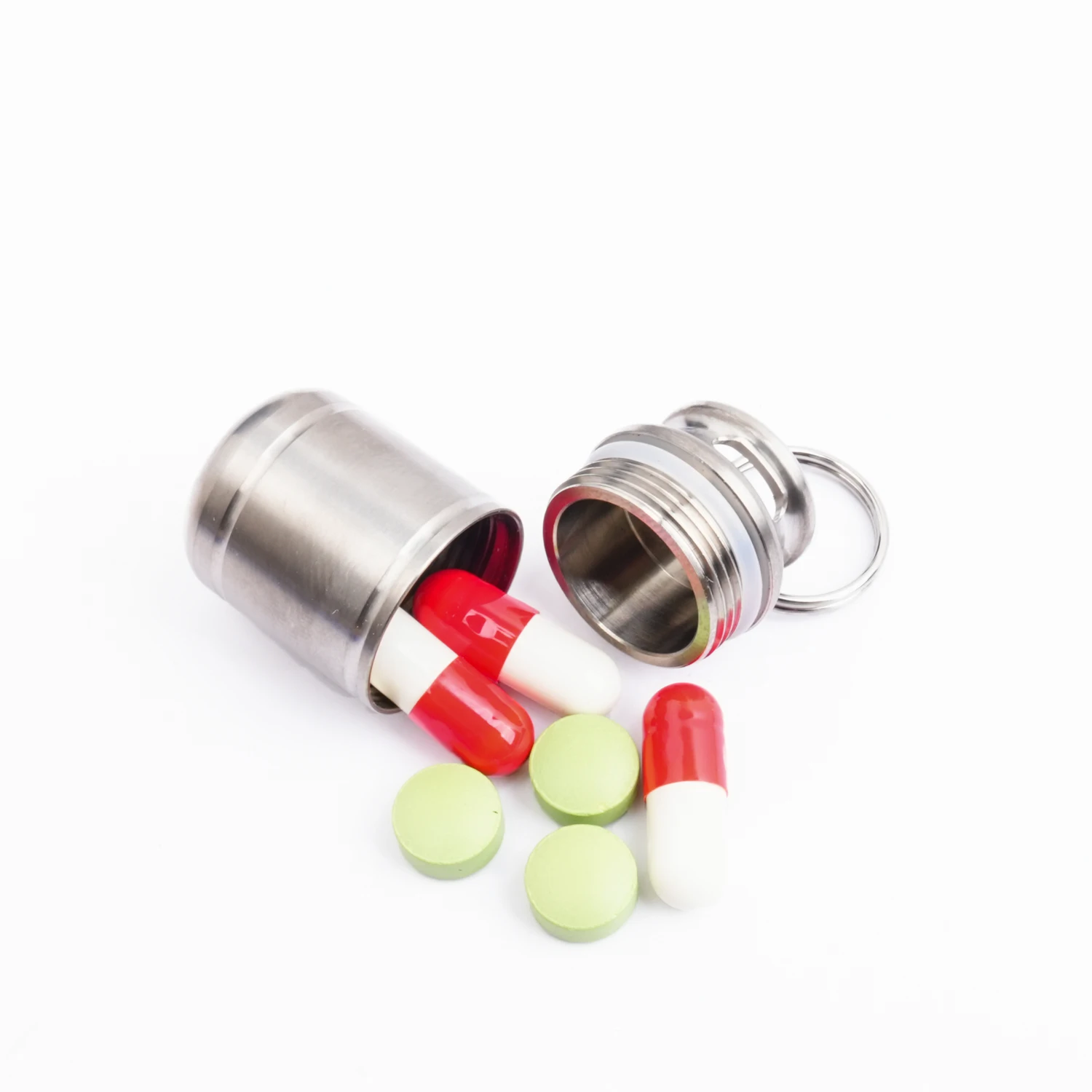 2pcs Small Large Titanium Alloy Sealed Bottle Silver Functional Keychain Pendant Pill Storage EDC Small Tool