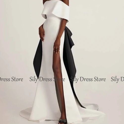 Imagen 2 del producto 2025 Vestidos de noche largos y elegantes para mujer Vestido de celebridad de satén con corte en A Vestido de fiesta dividido con volantes sin tirantes en blanco y negro