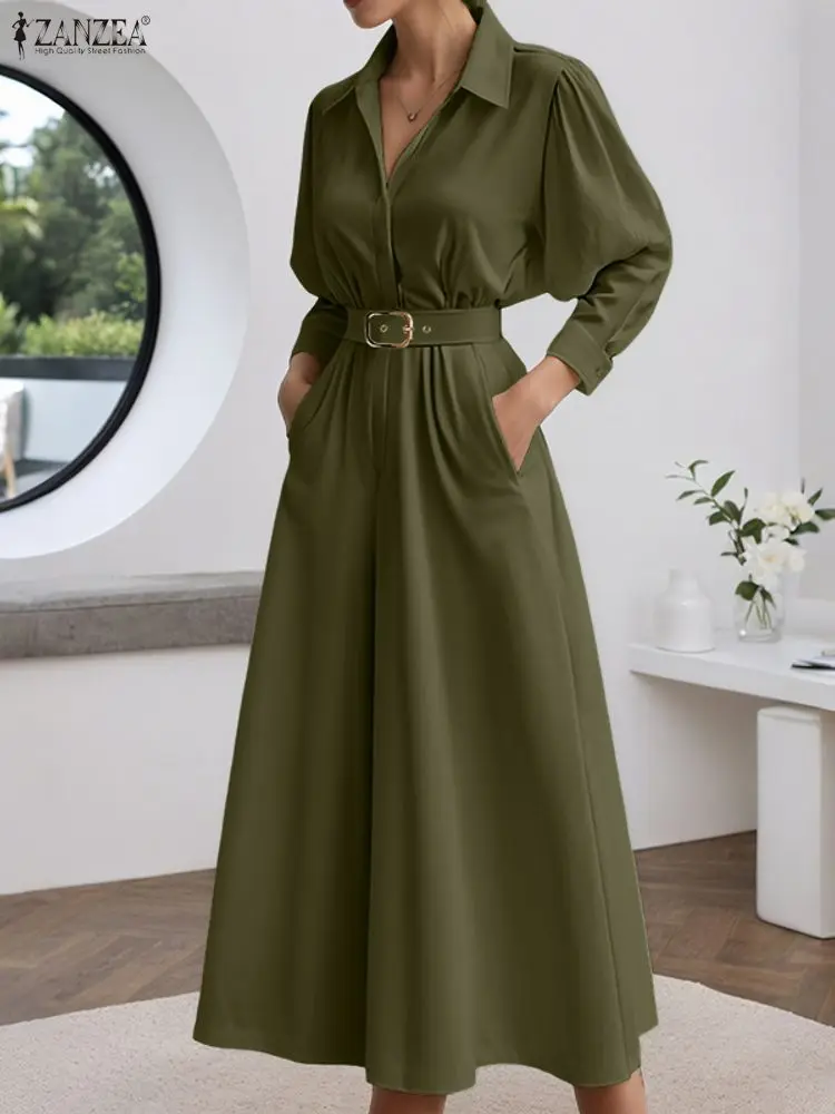 

ZANZEA Elegant Long Jumpsuits Women Long Sleeve Lapel Casual Rompers 2025 Fashion Belted Wide Leg Pants Pockets Office Playsuits