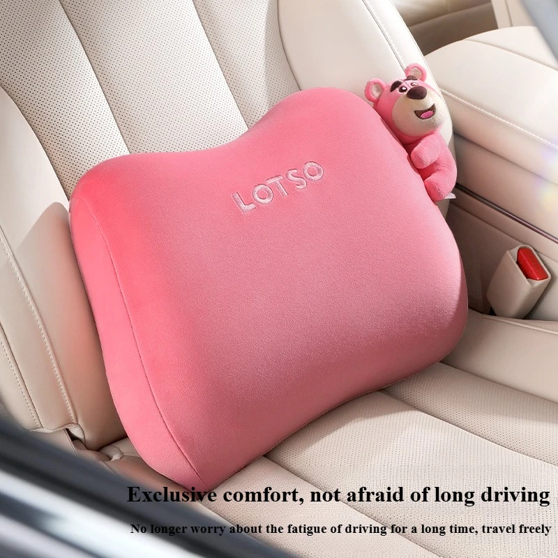 

Strawberry Bear Doll Waist Support Pillow - Winnie Bear Design Car Interior Seat Cushion Office Chair Waist Protector Sleep Aid