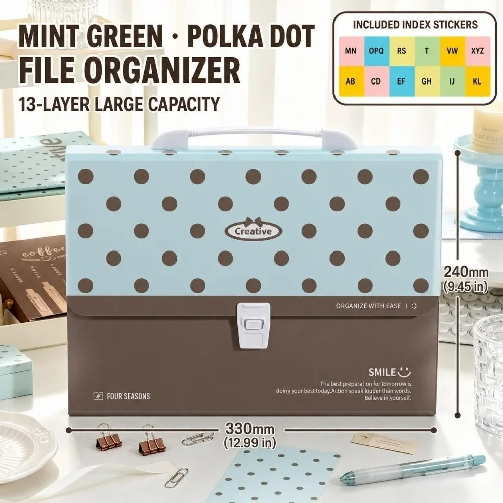 13-Layer Expanding File Folder Polka Dot Pattern Snap Closure A4 Document Organizer Large capacity Paper Storage Bag Students