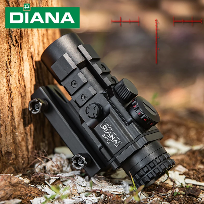 

DIANA 3X32 Optical Prism Sight Tri-Rail Design Red Green Illuminated Scope Triangle Reticle Outdoor Tool
