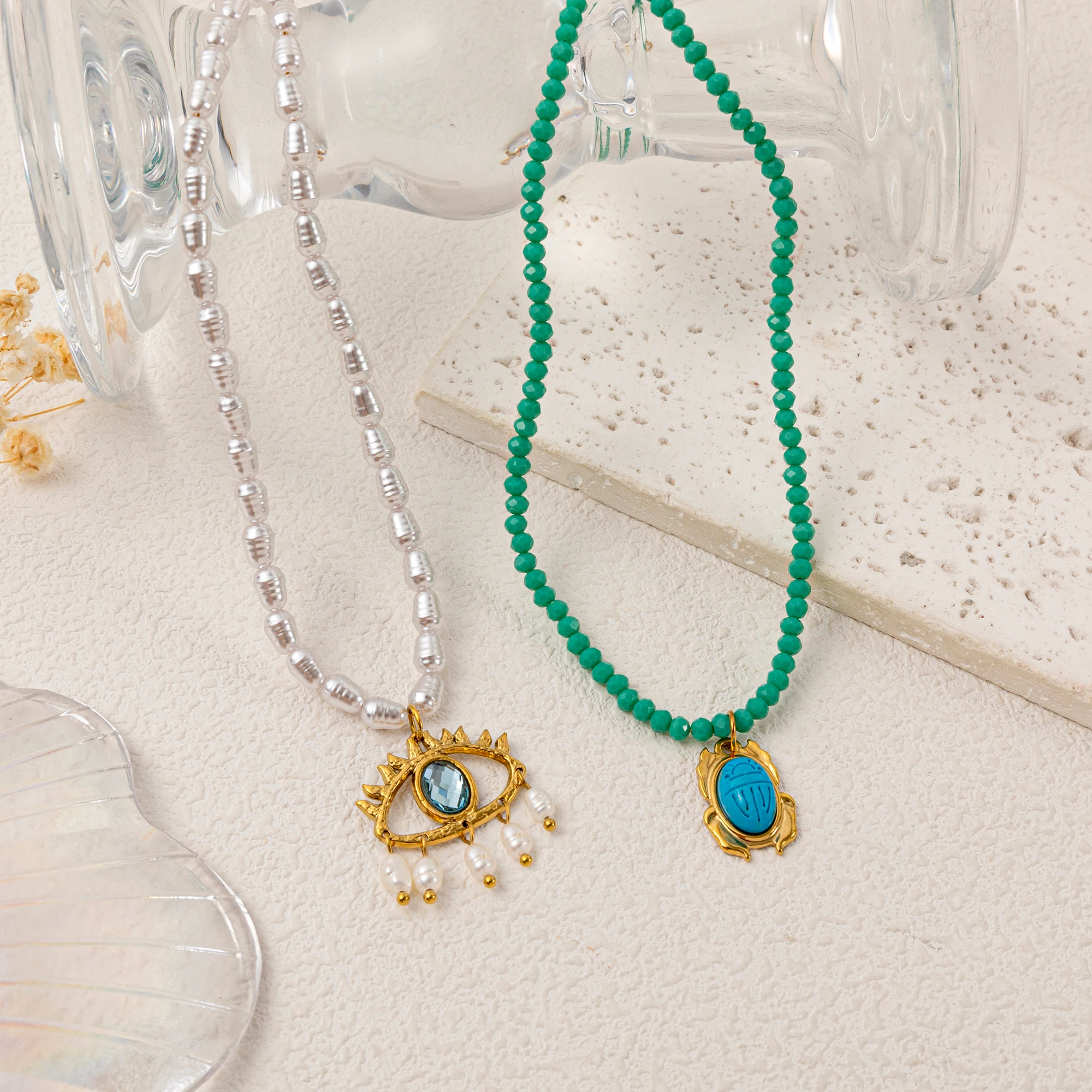 Bohemian Evil Eye Pearl Necklace and Egyptian Scarab Pendant 18K Gold Plated Stainless Steel Bead Jewelry Suitable for Women
