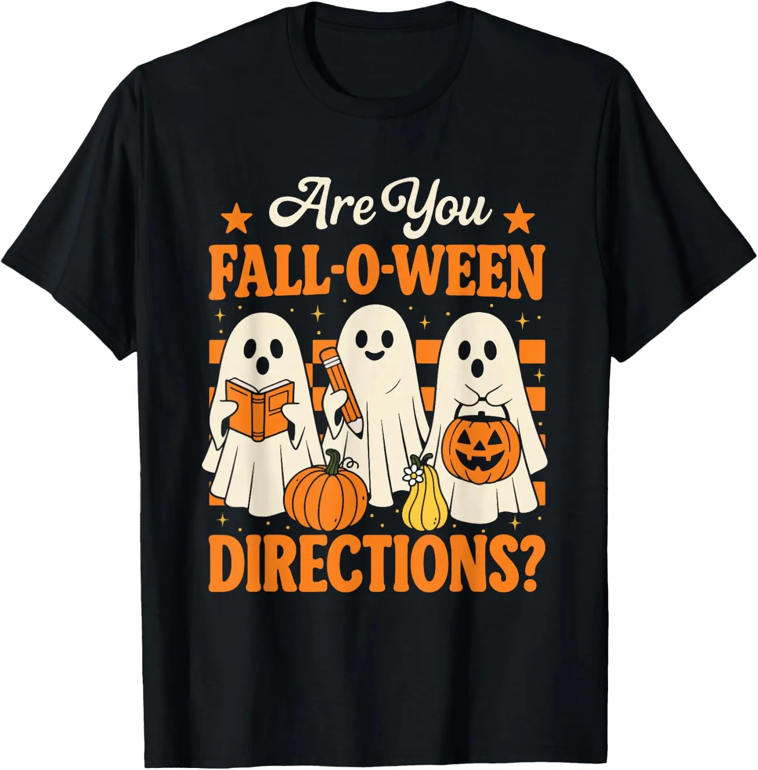Are You Fall O Ween Directions Funny Teacher Ghost Halloween T-Shirt Vintage Style Graphic T‑Shirt, Retro Tee, 100% Cotton Soft Lightweight Crew Neck Unisex Casual Short Sleeve Tops For Men Women Daily Wear
