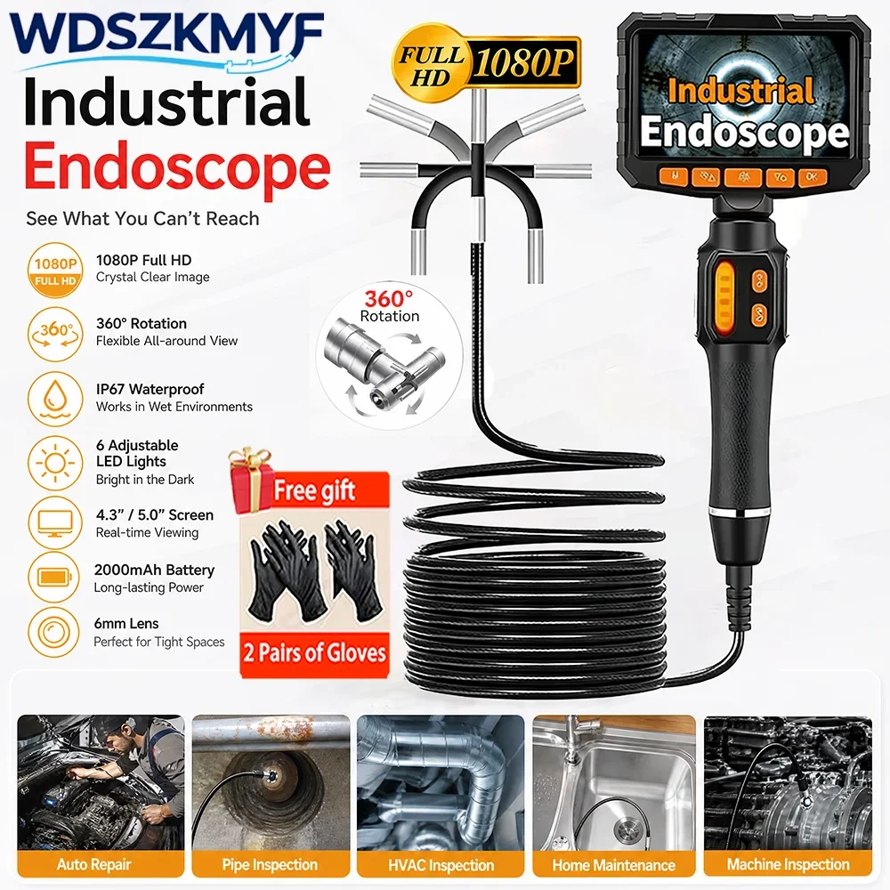 360 Degree Articulating Endoscope 4.3/5 Inch IPS Screen 6mm 1080P HD Borescope IP67 Waterproof for Automotive Plumbing Inspectio