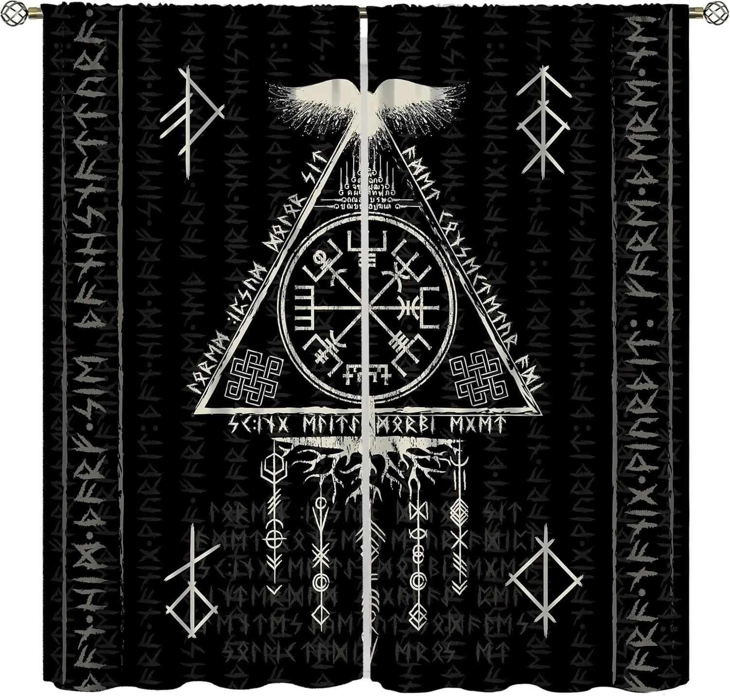 Norse Mythology Viking Curtains, Raven Totem Print Drapes for Kids Teenage Bedroom Living Room