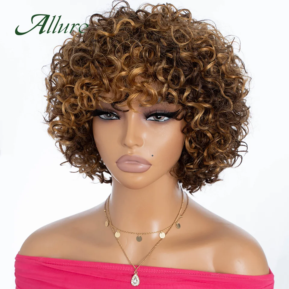 Brazilian Short Pixie Bob Cut Human Hair Wigs For Women Jerry Curly Hair Wig With Bangs 10 inch Highlight Colored Wigs Allure