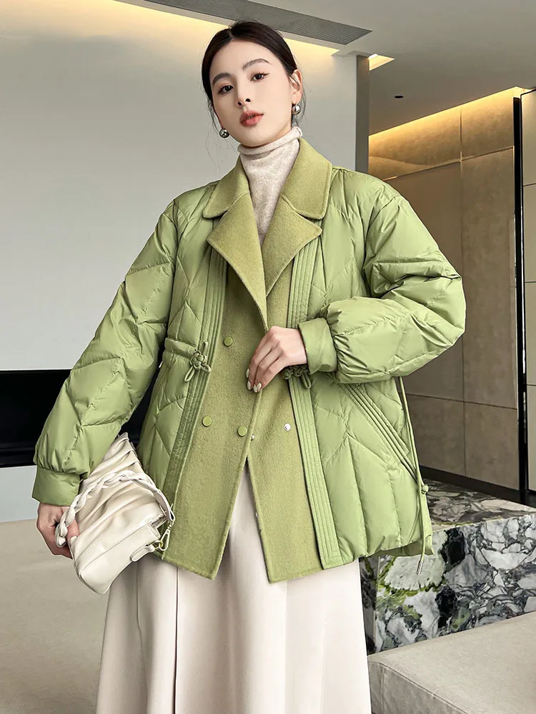 2023 Women New Korean Collar Folds Casual Vintage Down Coat Large Pockets Solid Color Original Down Coat