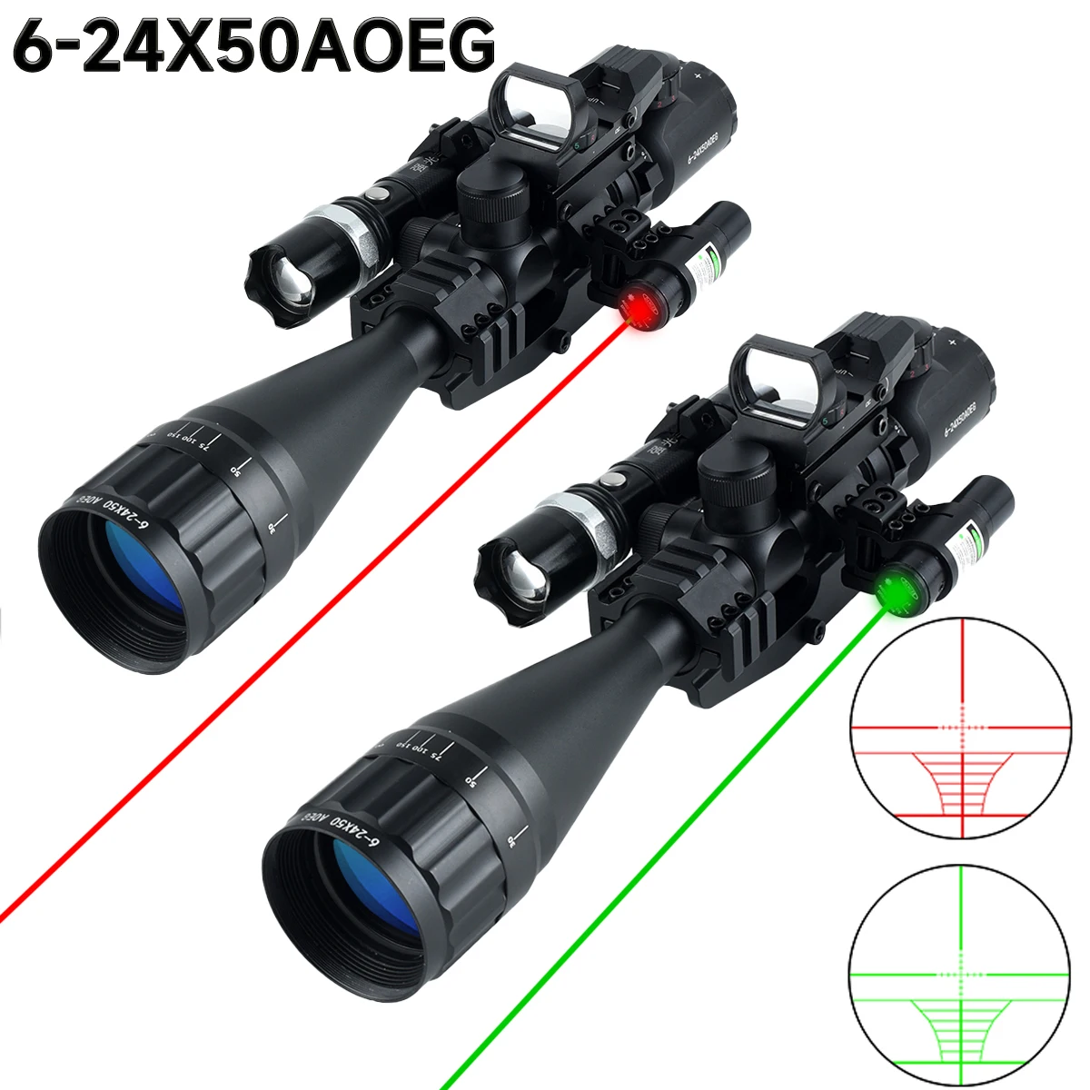 

Tactical 6-24x50AOEG with HD101 Red Green Dot Sight 4 Reticle Optics Precision Aim Scope Red/Green Laser Flashlight Combo
