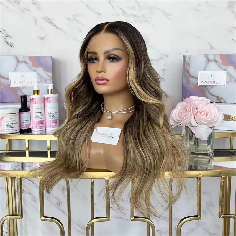 New Black Honey Blond Wig Rooted Brown Blonde Long Lace Wig Premium Synthetic Heat Safe Transparent Lace Frontal Wigs for Women