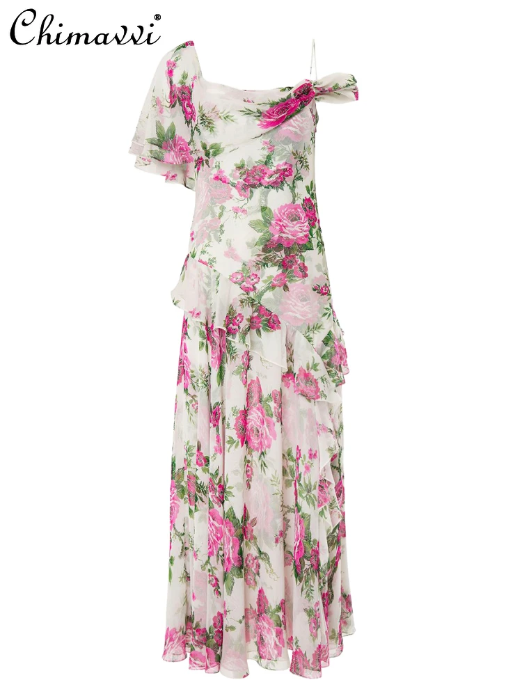 

Summer Dress 2025 New Women's High-end Fashion Floral French Printing Holiday Style Medium and Long Elegant Suspender Dresses