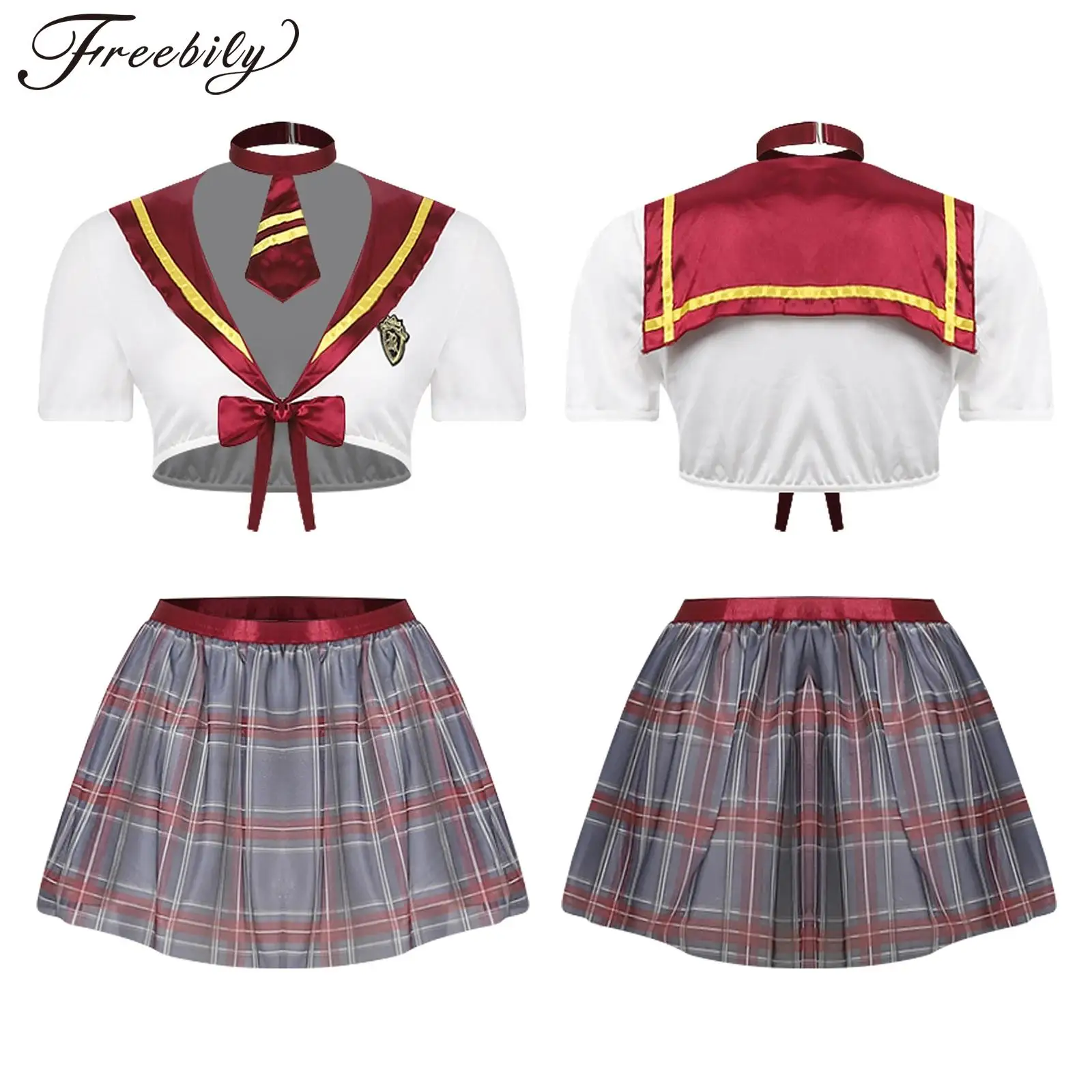 

Women Halloween Theme Party Sexy Schoolgirl Cosplay Lingerie Set Crop Top with Necktie Sheer Mini Skirt Thong Fishnet Stockings