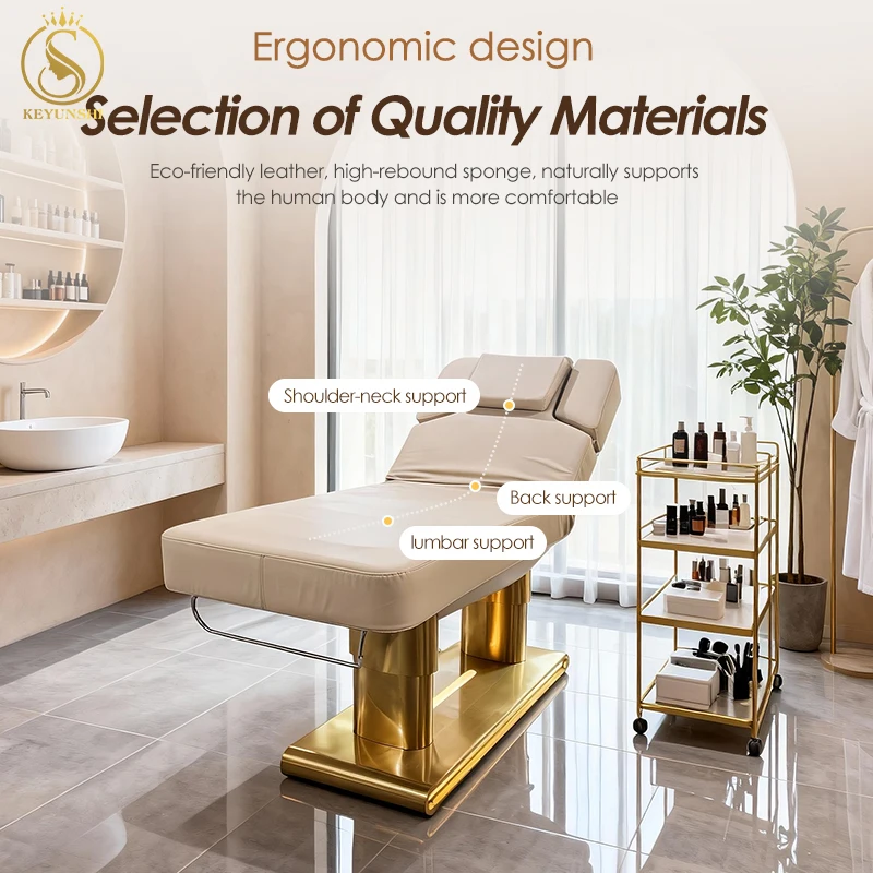 Luxurious 4 Motors Electric Control Heating Facial Massage Table Bed Modern Gold Base Reclining Extension Beauty Salon Bed