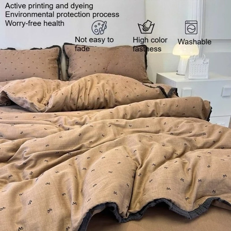 Wash Cotton Bedding Set 3/4PCS - Soft Easy To Wash Lace Ruffle Active Printing Comforter Bedding Sets INS Cute Bedroom Decor