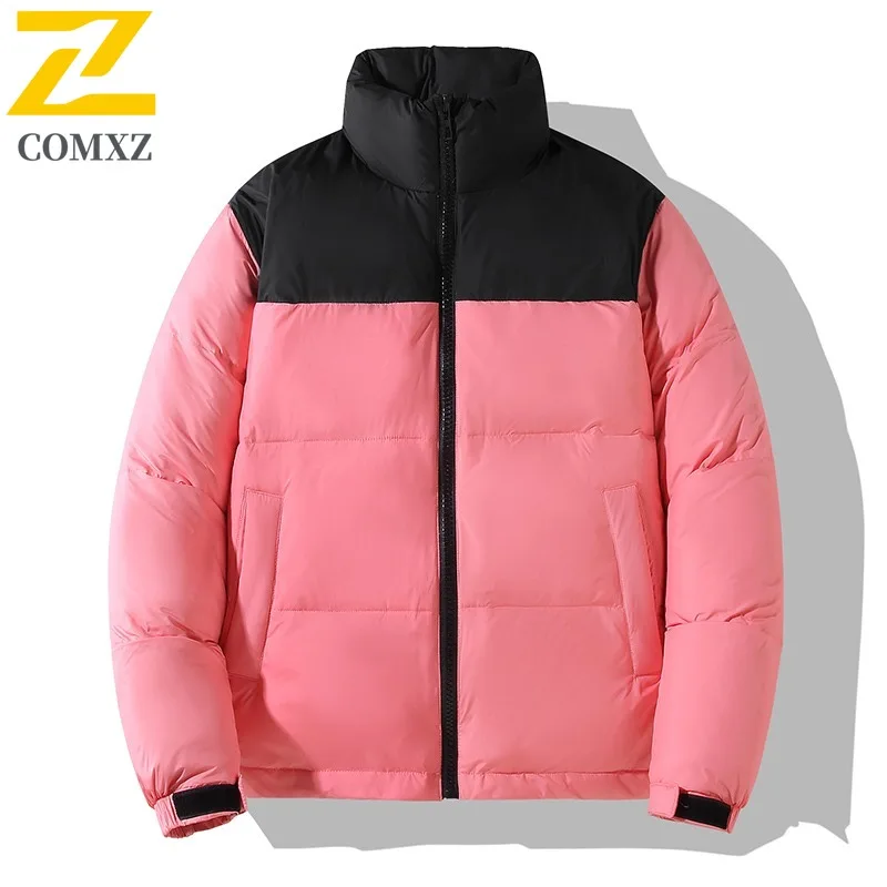 COMXZ Autumn Winter New Couple Down Jacket Plain Color Block Down Stand Collar Coat Solid Color waterproof and windproof Parka