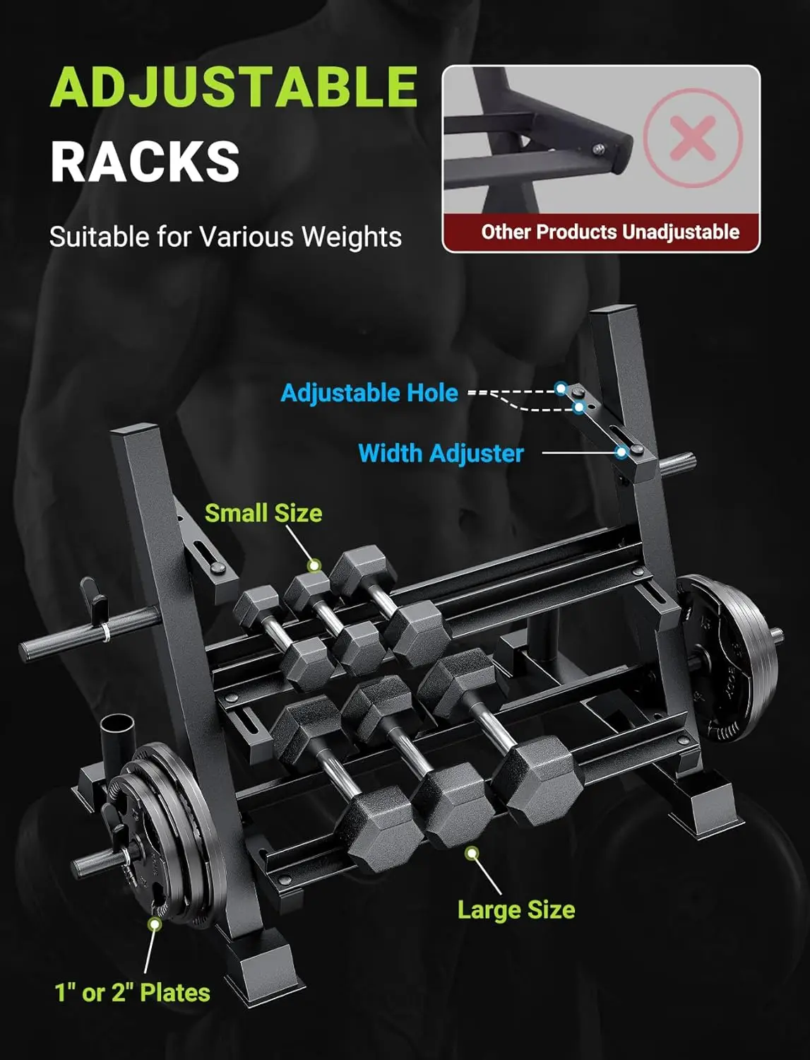Home Gym Use, Solid Material, Brown Color, 1100LBS Capacity, 3-Tier Adjustable and Multifunctional Dumbbell Rack - view 3