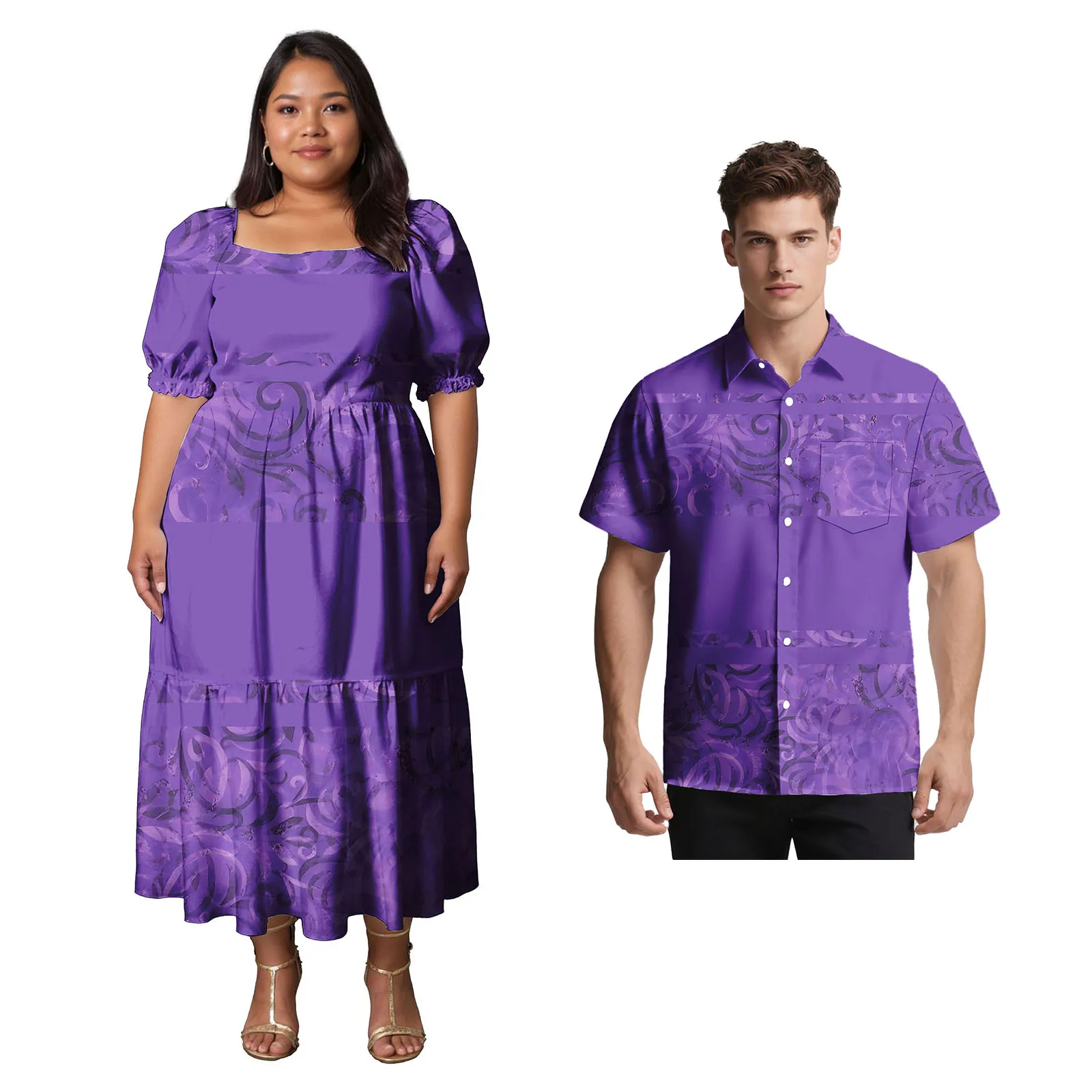 Süße Liebhaber Kleidung Benutzerdefinierte Polynesian Männer Umlegekragen Hemd Aloha Frauen Einfachheit Langes Kleid Samoan Passendes Paar Set