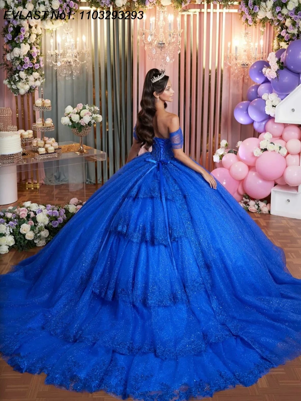 EVLAST personnalisé paillettes bleu Royal robe De bal Quinceanera robe brillant appliques perles arc doux 16 robes De 15 Anos E1QN341