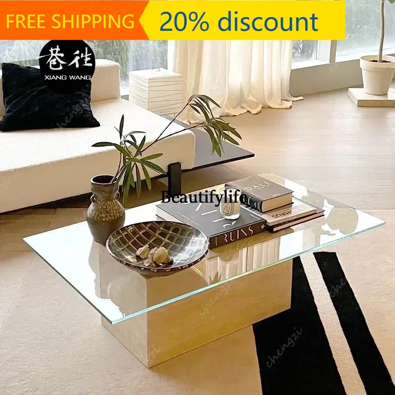 J132 Medieval natural travertine coffee table Modern simple ultra-white glass coffee table Wabi Sansi wind marble glass coffee t