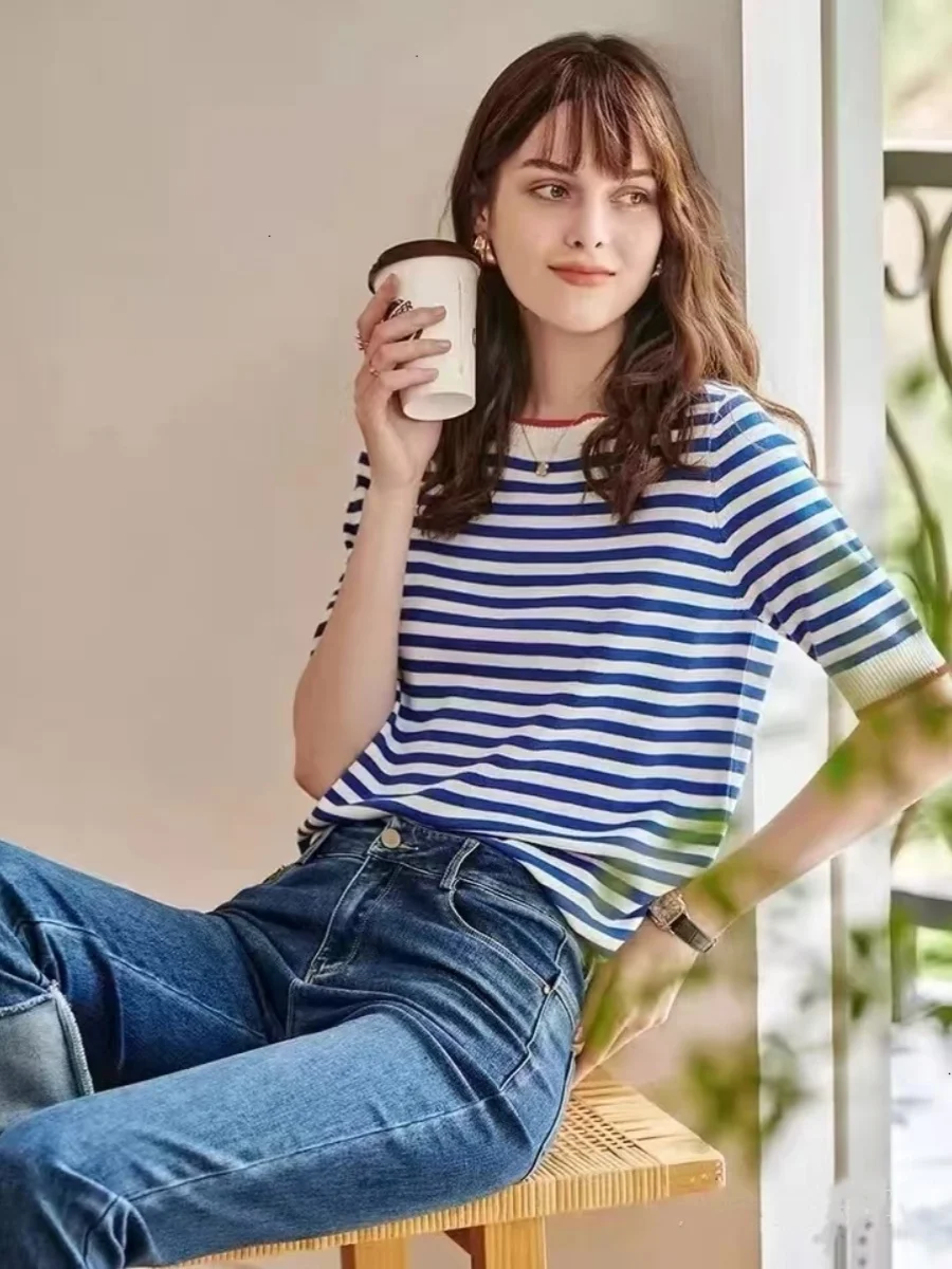 100% Cotton 16-Pin Cool Knitted Short Sleeve T-Shirt Women's Top Blue White Stripes Breathable Comfortable Casual Knitwear