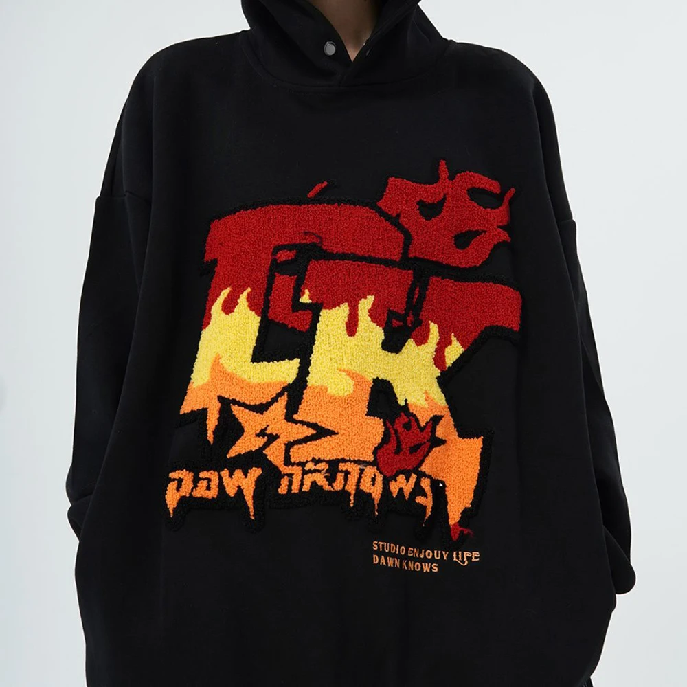 

Y2k Pure Cotton Hooded Sweatshirt Autumn And Winter American Street Punk Hip Hop Flame Embroidered Casual Long-Sleeved Hoodie