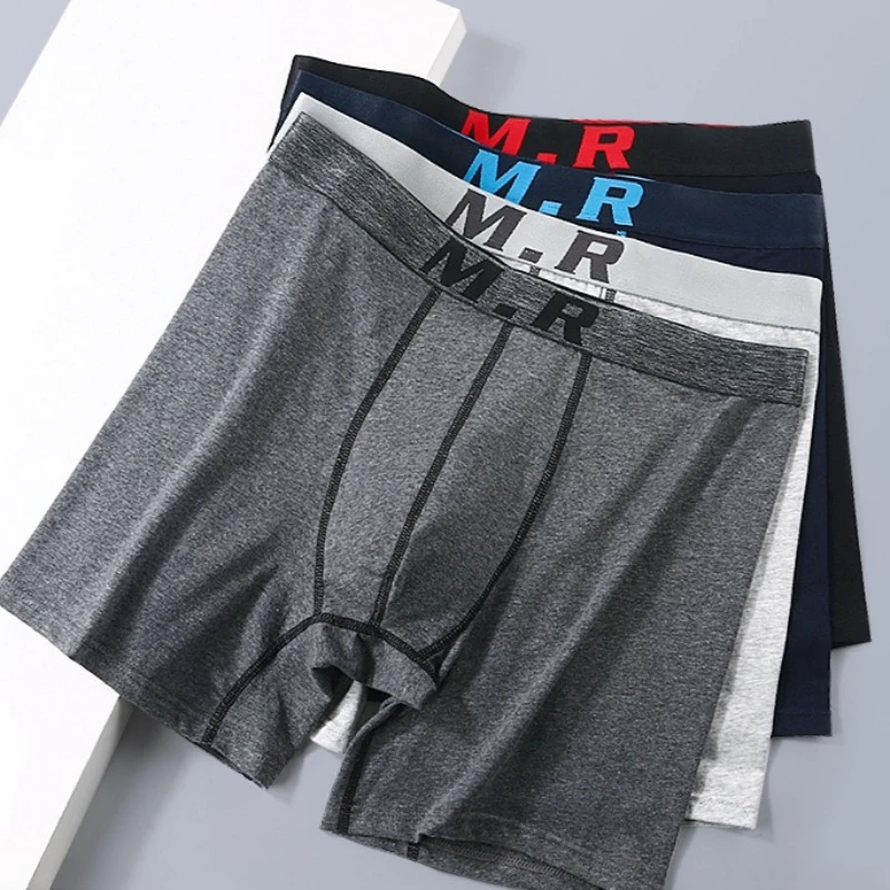 

4pcs Men's Pure Cotton Long Boxer Shorts Anti Roll Edge Underwear Mid Waist Sports Men's Four Cornered Underpants Asian Size