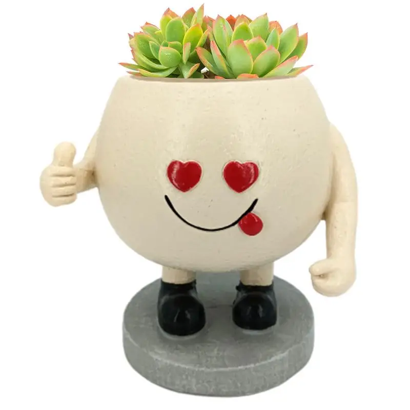 Happy Face Planter Resin Unique Thumb-up Succulent Pot Lovely Decorative Flower Planter With Drainage Hole For String Of Pearls