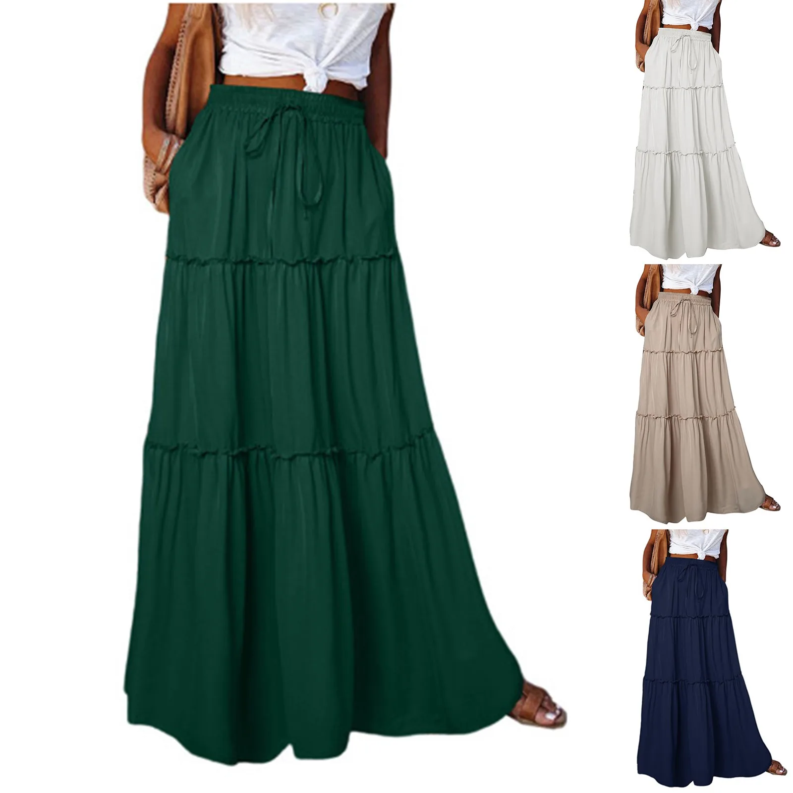 Fashion High Waist Long Solid A-Line Skirt Women'S Casual Beach Faldas Female Boho Elastic Waist Holiday Party Maxi Skirt Summer