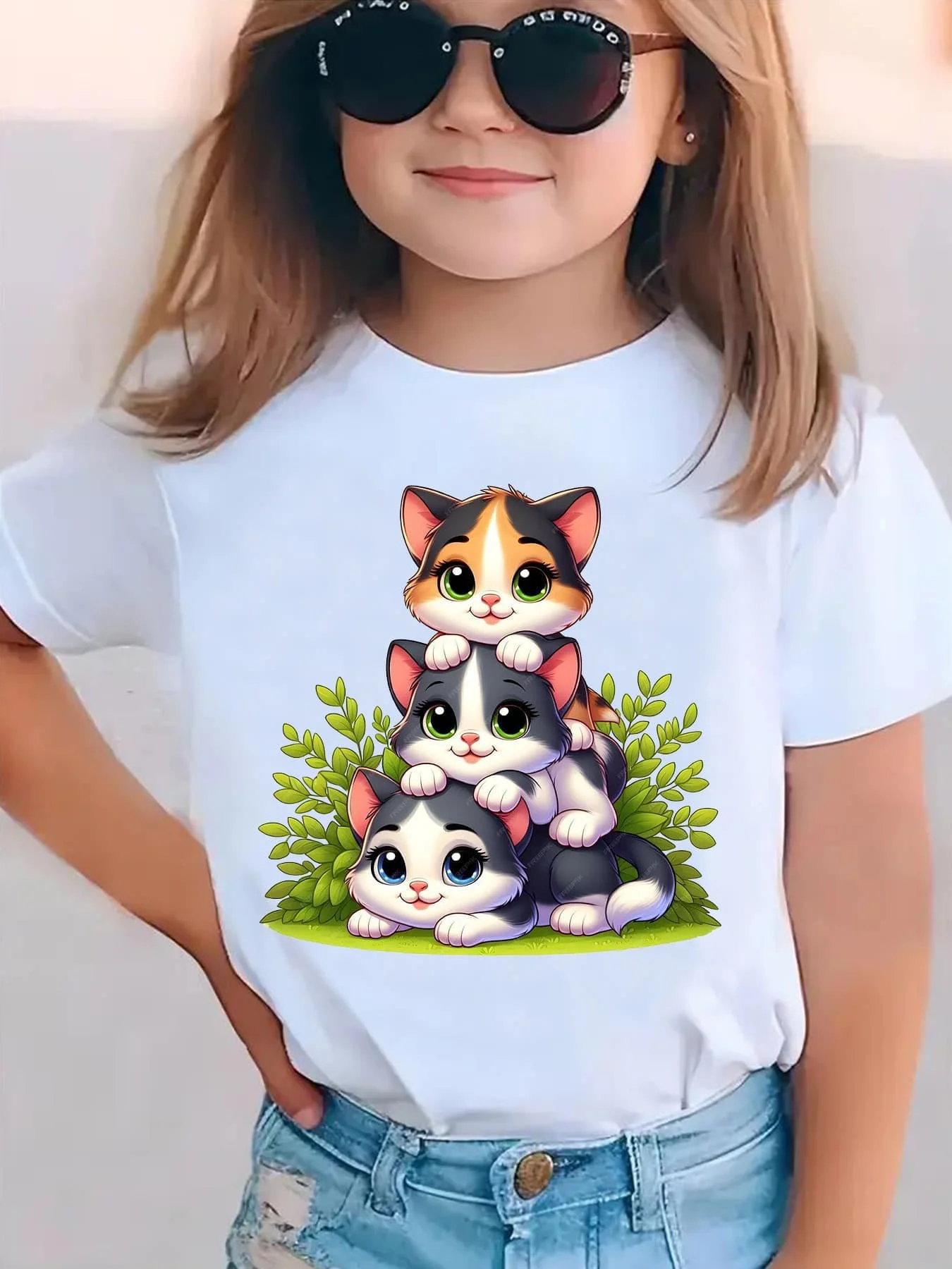 Kids Boys Girls Family Matching T Shirt Stacked Cute Kittens Cartoon Print Short Sleeve Tee Casual Parent Child Daily Tops