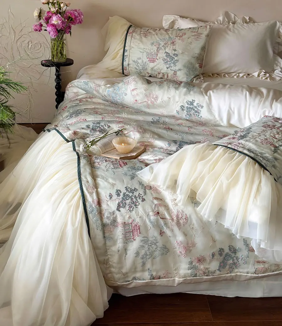 Vintage chinoiserie embroidery scenery bedding set,full queen king elegant retro home textile bed sheet pillowcase quilt cover