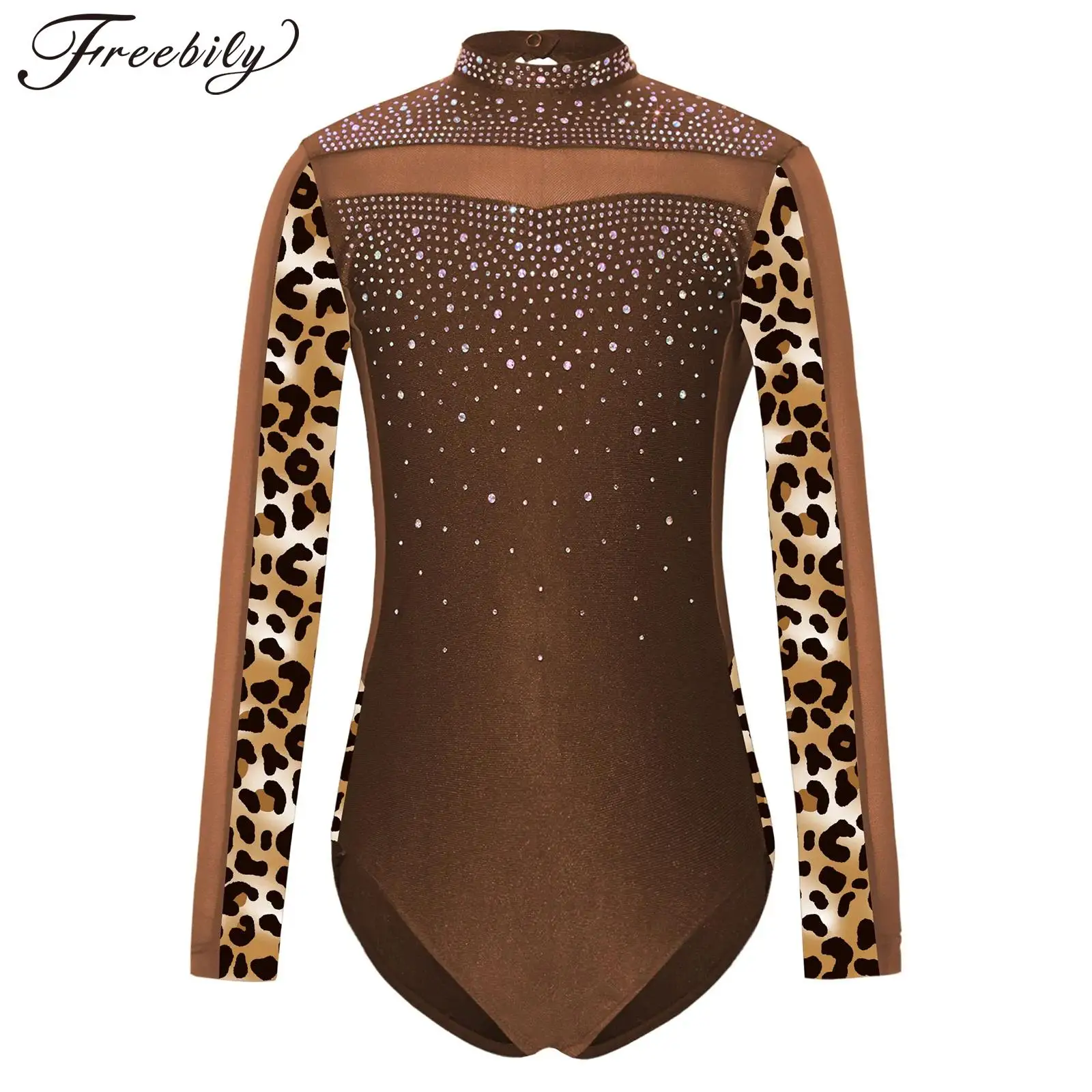 

Kids Girls Long Sleeve Gymnastics Leotards Sparkly Rhinestones Patchwork Backless Bodysuit Printed Figure Skating Leotard