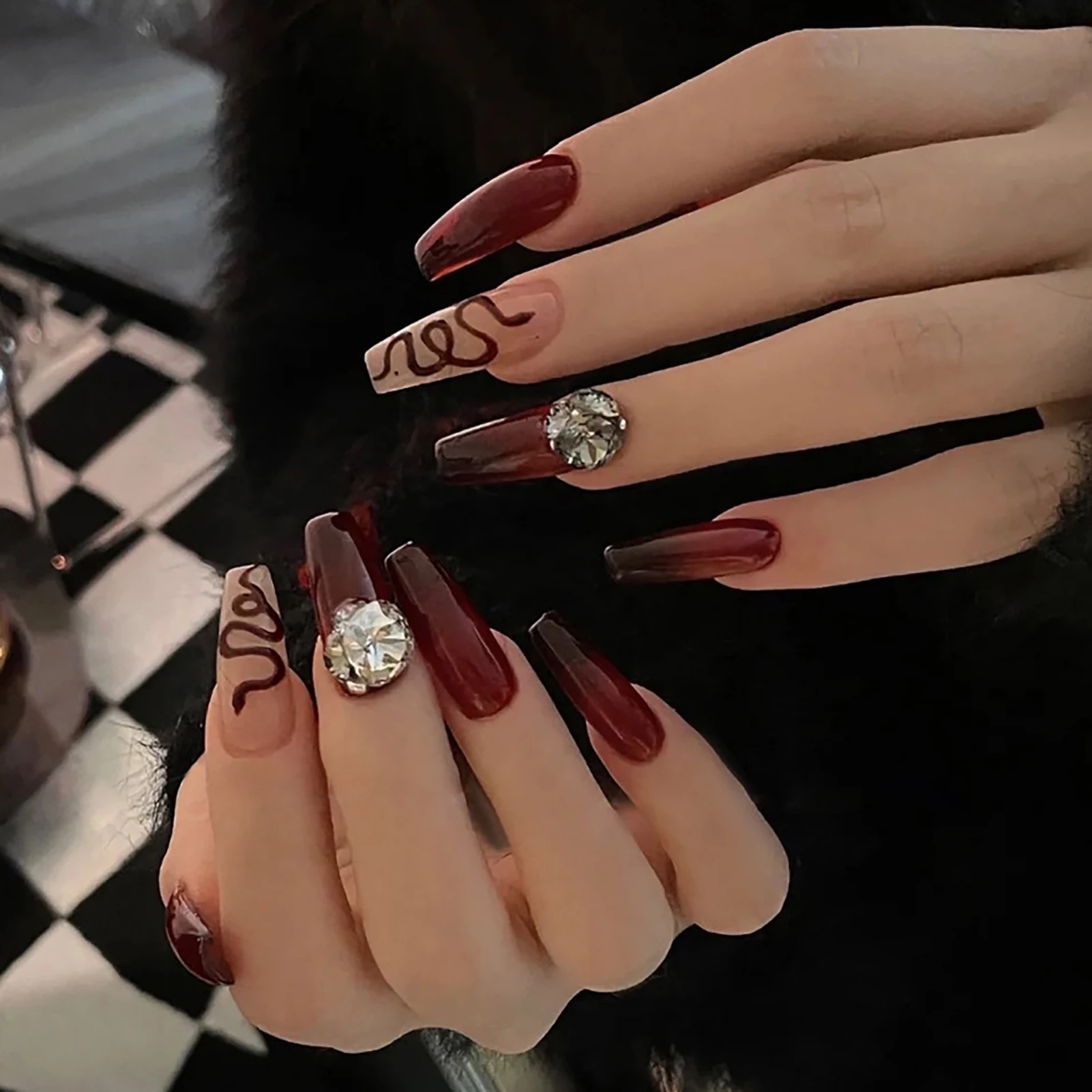 Wine Red Fake Nails with Large Rhinestone Decor Natural Unbreakable Nail Simple Wear for Shopping Traveling Dating