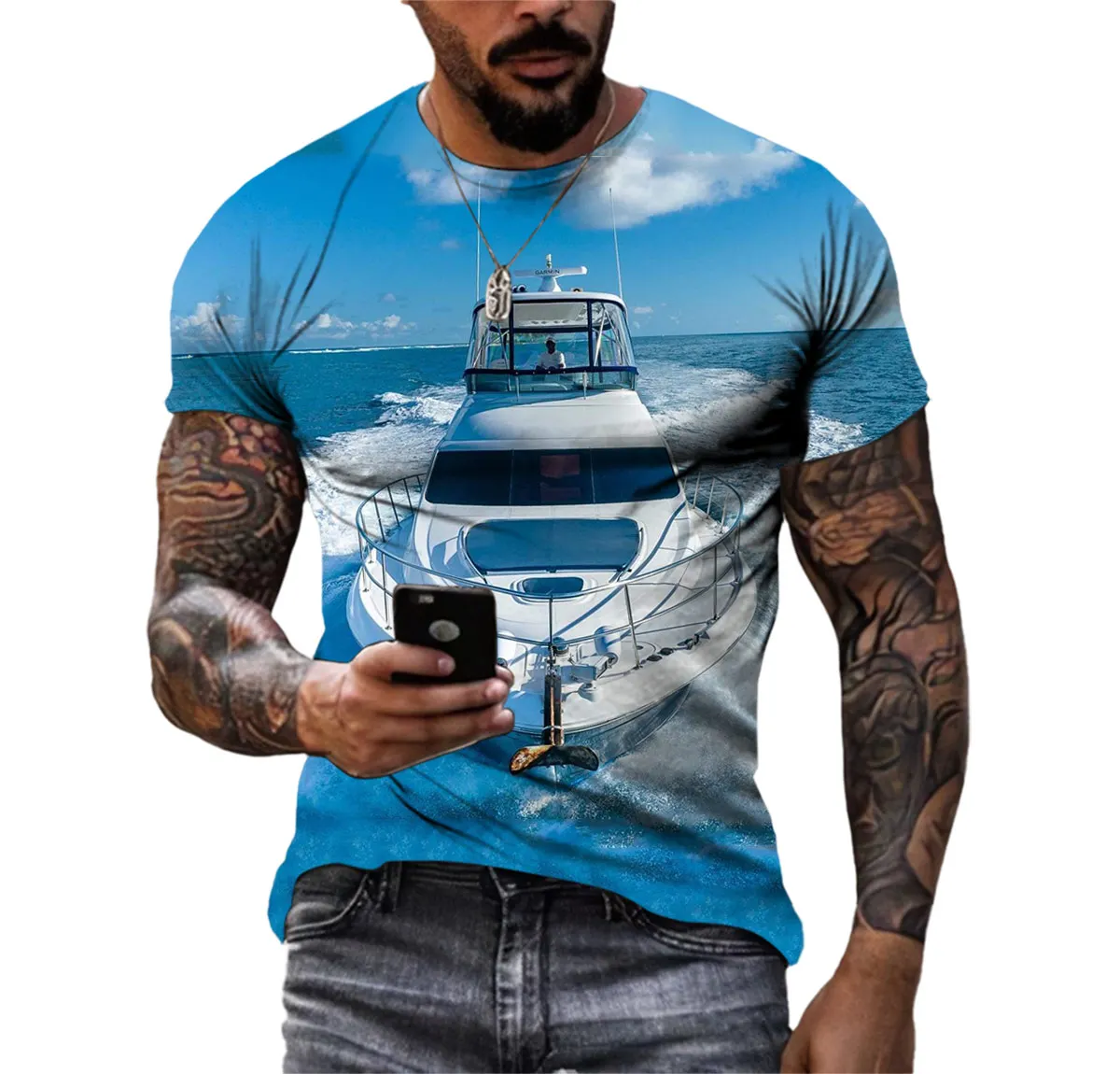 New Yacht Sailboat Pattern 3d Print Summer Men\'s T-shirt Personality Seascape Cool Quick Dry Short Sleeve Fashionable O-neck Top