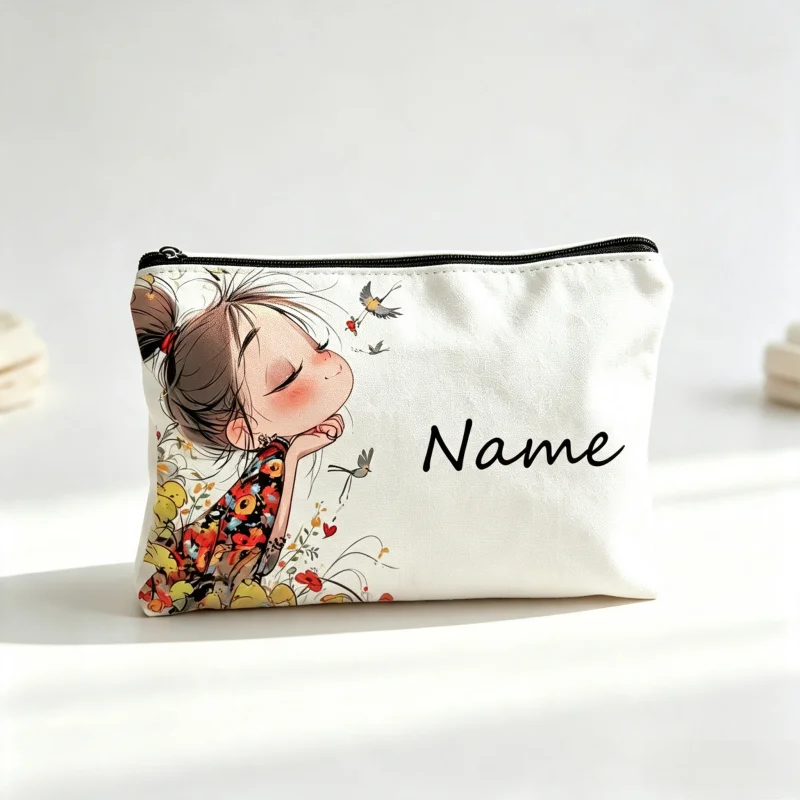 Custom Cartoon Girl Bird Floral Print Canvas Makeup Bag Zipper Cosmetic Pouch Portable Travel Toiletry Storage Purse for Women