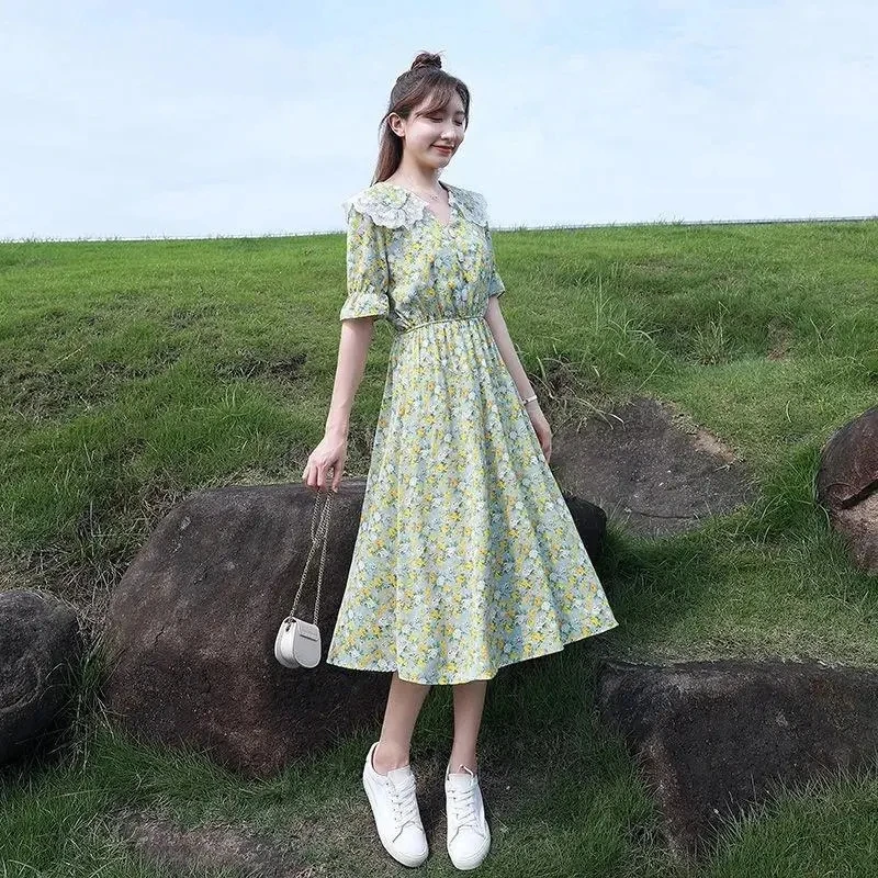 Summer Vintage Floral Dress Women Korean Elegant Sweet Cute Print Midi Dresses doll collar Lace French Holiday Cottagecore Dress