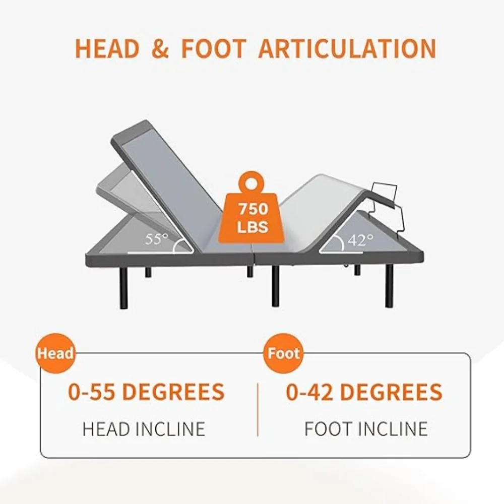 Adjustable Bed Frame,  Independent Head and Foot Incline - Powerful Quiet Motor - Easy Tool Free Assembly ,Queen Size Bed Base