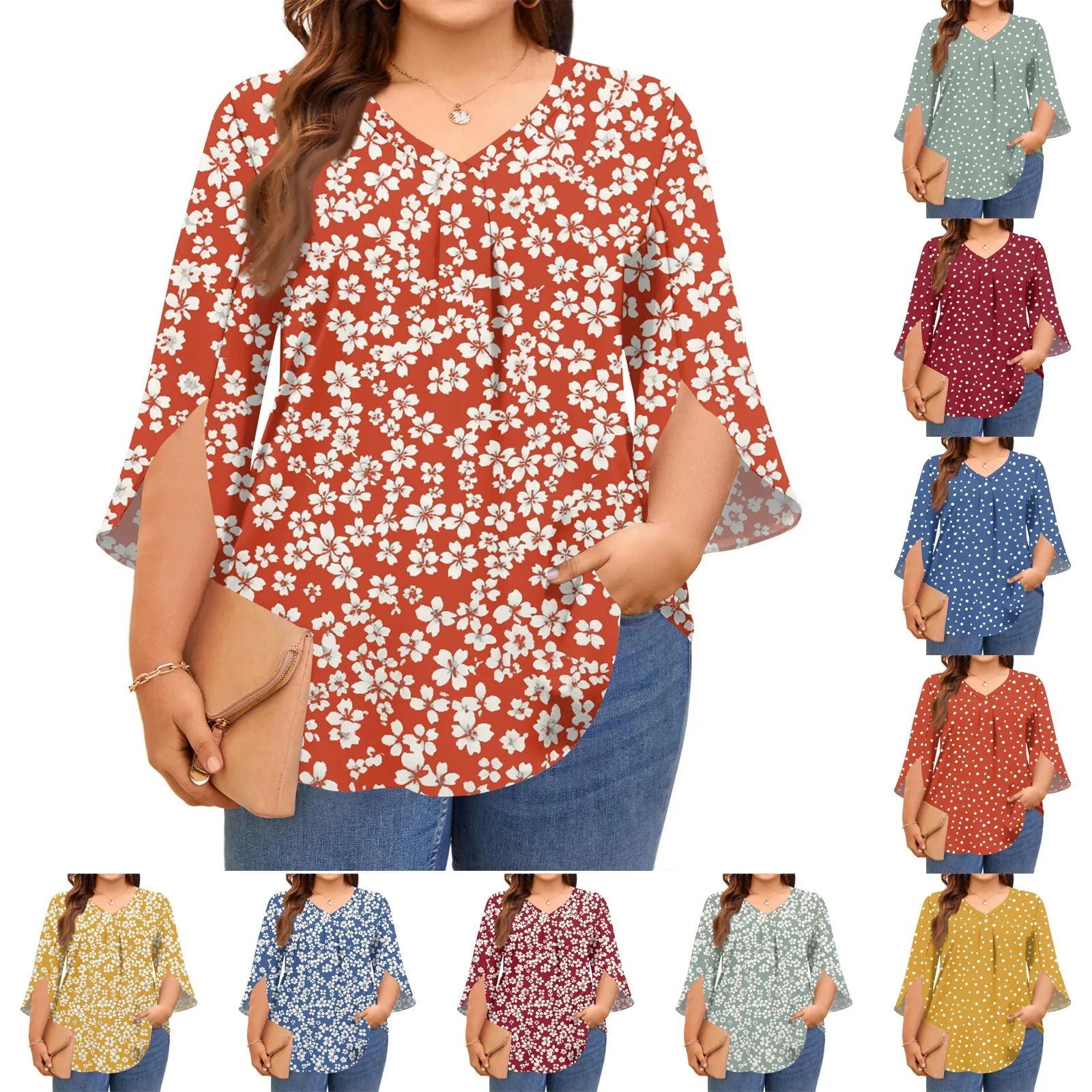 Plus size T-shirts women's fashion printed tops v-neck three-quarter sleeves t shirts spring autumn casual pullover tops