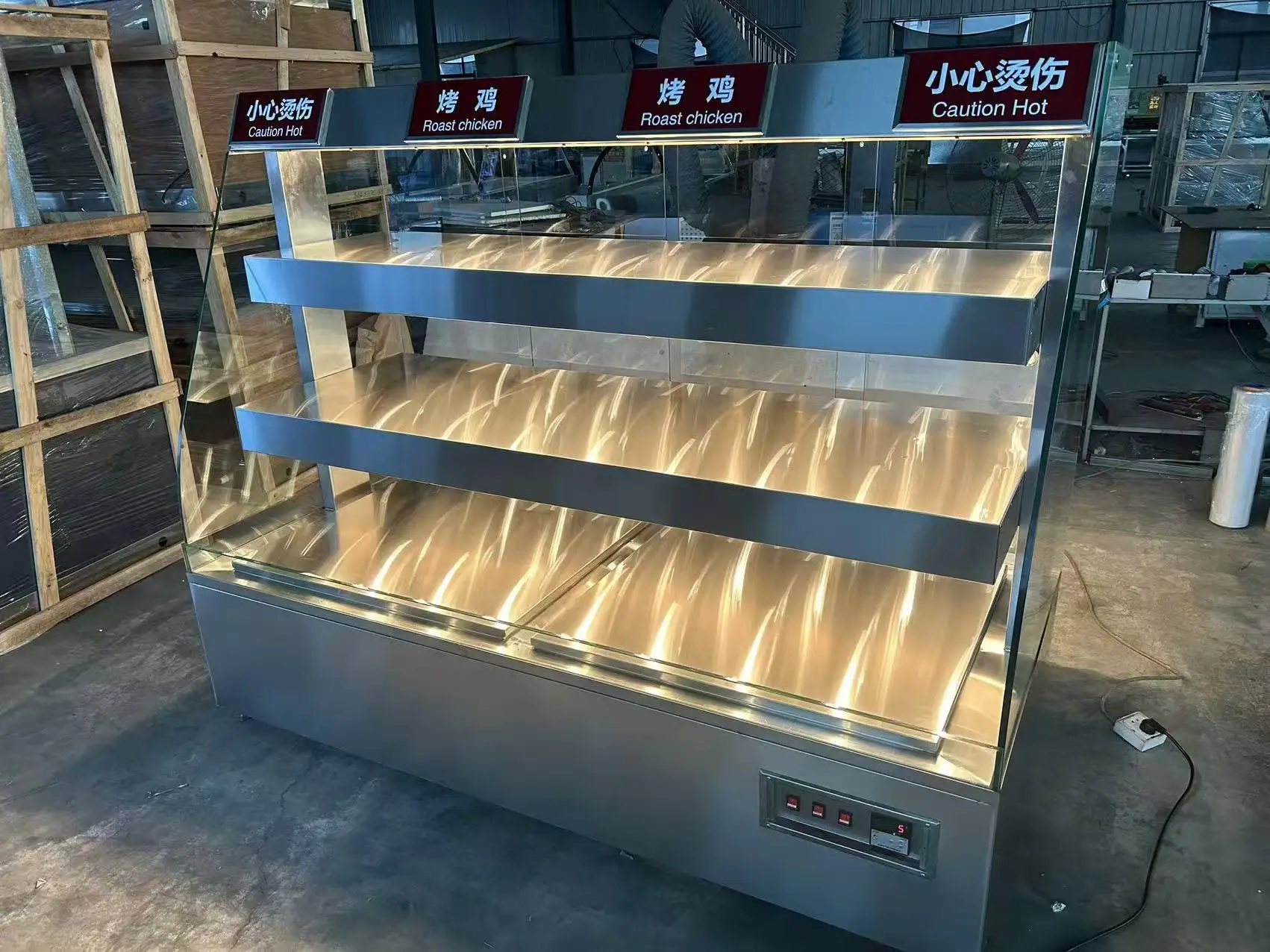 Three-layer stainless steel commercial food heater with heating plate and top light for rotisserie chicken and duck bread