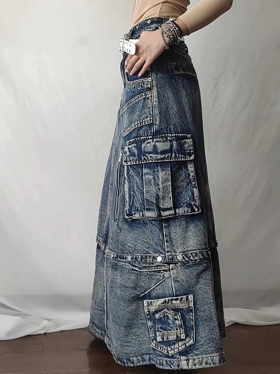 REDDACHiC Distressed Denim Cargo Skirt for Women Y2k Vintage Washed Big Pockets Studded Maxi Long Jeans Skirt Grunge Streetwear