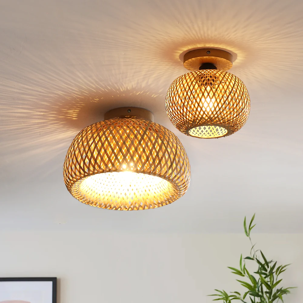Retro Bamboo Woven Ceiling Lamp Aisle Restaurant Living Room Dining Room E27 Woven Lamps Home Decorative Fixtures Ceiling Light