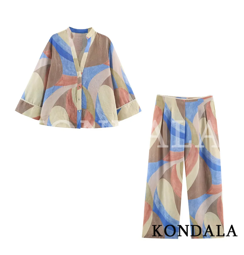 KONDALA Damen Casual Chic Bedruckter Hosenanzug V-Ausschnitt Knopfhemden, Lange Hosen Neu 2026 Frühling Herbst Trendiges Elegantes Urlaubs-Set – Detail 3