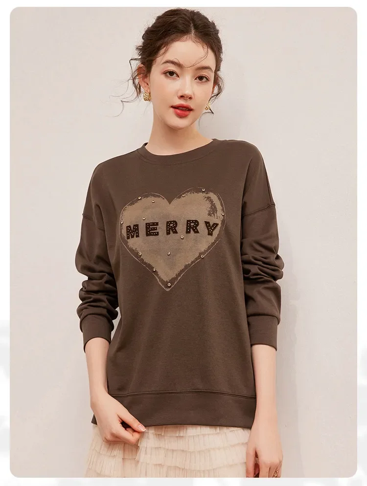 LOUIS YAO 2025 Autum Printed and Embroidered Design Fashionable Round Neck Nail Drill Loose Long Sleeve Women's Hoodie